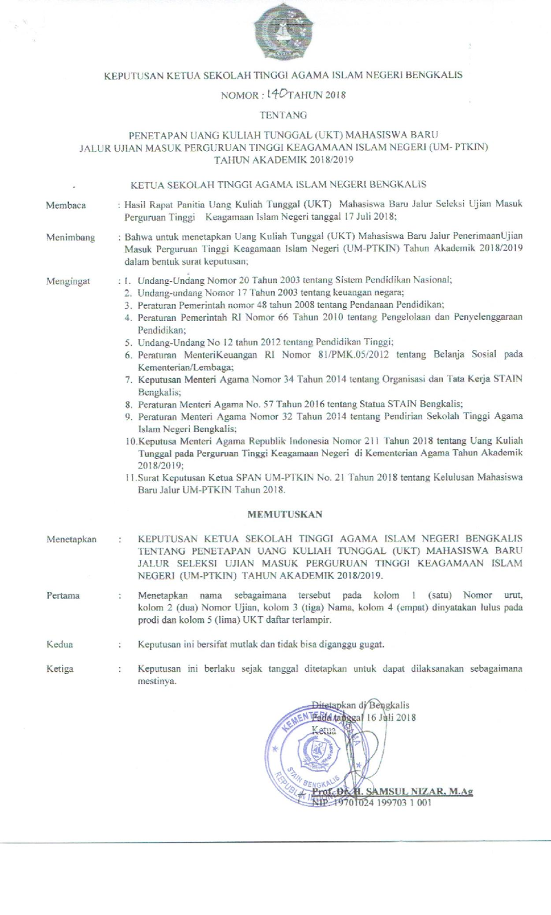 PENETAPAN UKT MAHASISWA BARU TA. 2018/2019