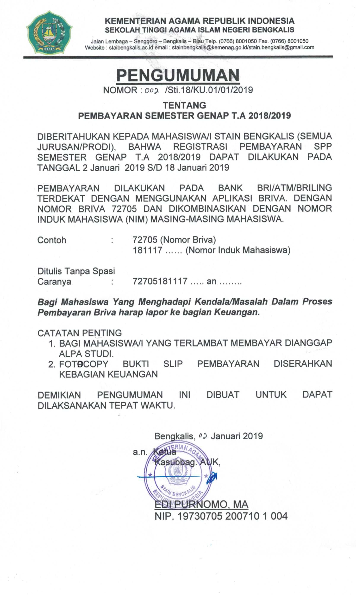 Pembayaran Semester Genap 2018/2019